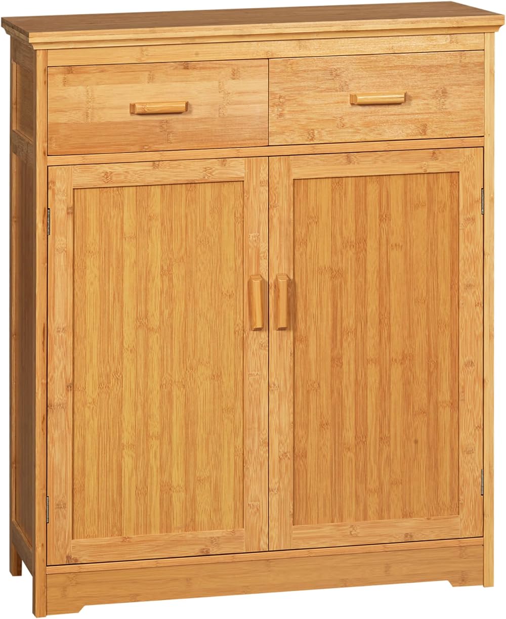 Bathroom Storage Cabinet, Bamboo Floor Cabinet with Drawers, Double Doors and Adjustable Shelves, Natural