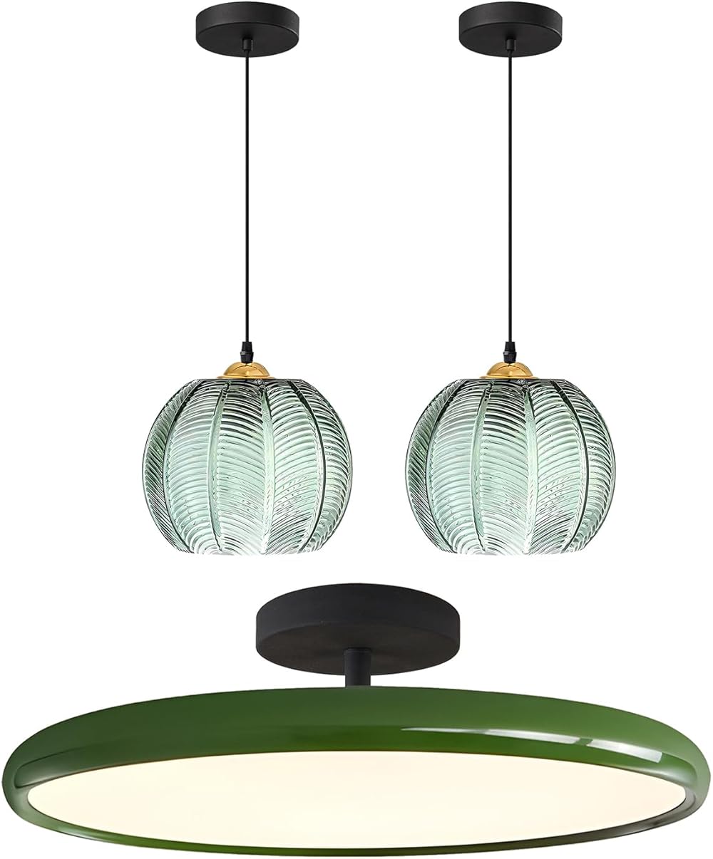 KCO Lighting Green Ribbed Glass Pendant Light Modern Large Globe Pendant Light Vintage Green Ceiling Light Contemporary Black Metal Flush Mount Ceiling Light Mid Century Modern Semi Flush Mount Light