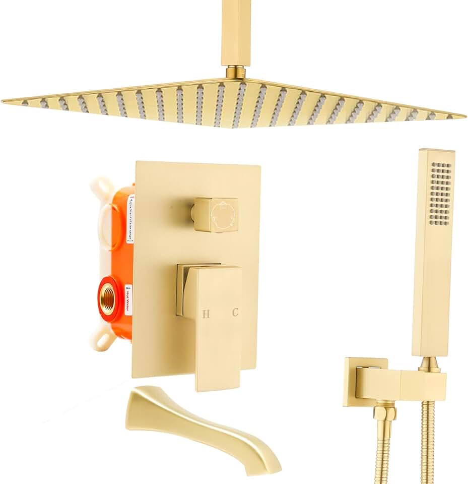 Enga Shower System with Tub Spout, Ceiling Mounted 12 Inches Tub Shower Faucet Set For Bathroom, High Pressure Rain Shower with Handheld Spray, Contain Shower Valve and Trim kit, Brushed Gold