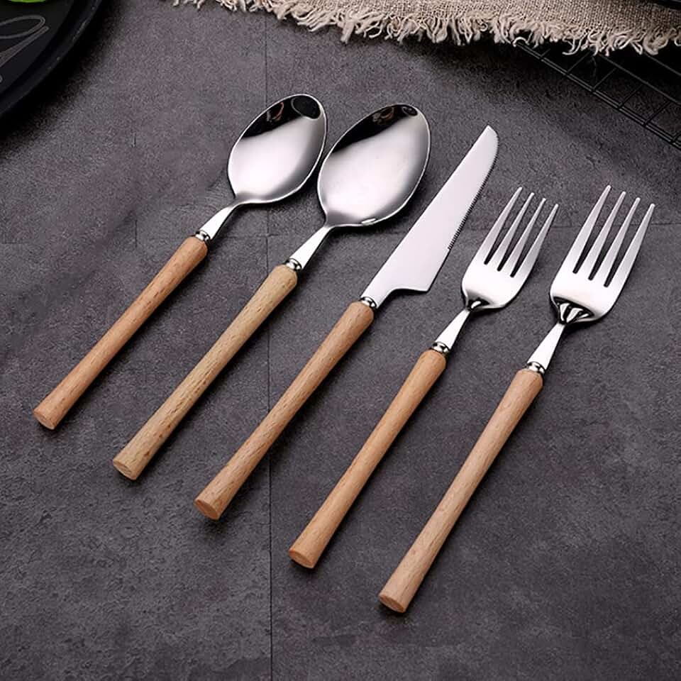 50 Piece Wood Silverware Set for 10 Modern Cutlery Utensils Stainless Steel Flatware Set Knives Forks Spoons Tableware for Home Kitchen Restaurant Wooden Handle Dinnerware Sets