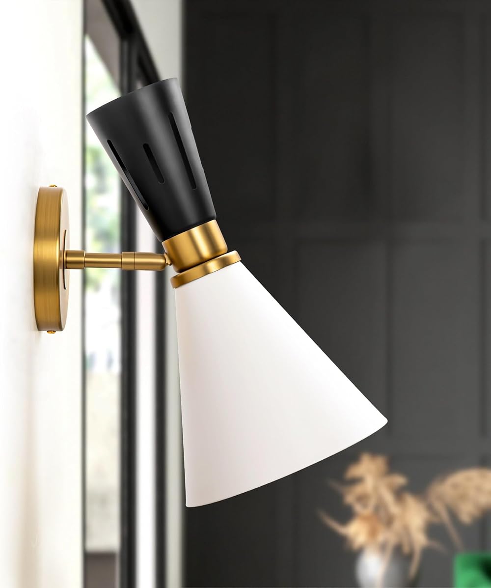 Fern 1-light Modern White/Black Cone Wall Sconce Adjustable Arm Vanity Light for Bedroom Bathroom 7