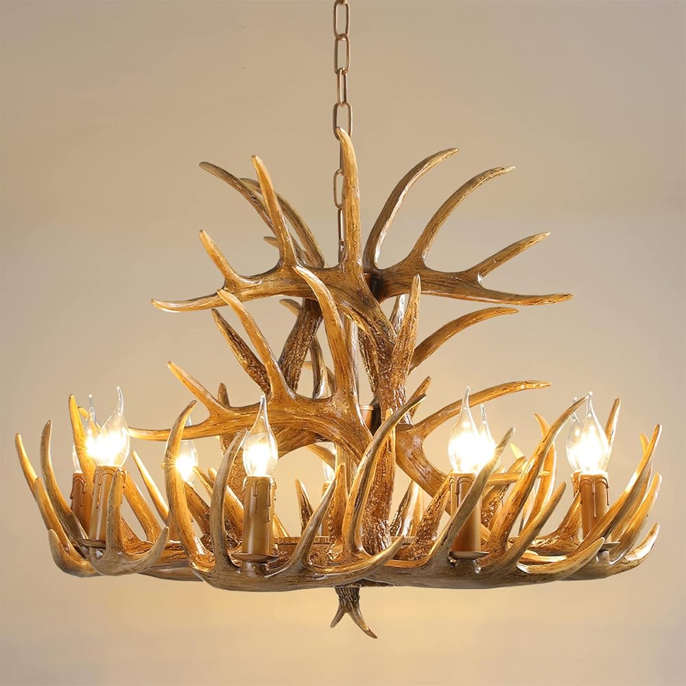 Deer Antler Chandelier with Adjustable Chain - 9 Light Farmhouse Chandeliers Deer Horn Lamp for Dining Room, Kitchen, Living Room, Bedroom, Bar, Cafe, and Cabin for High Ceilings
