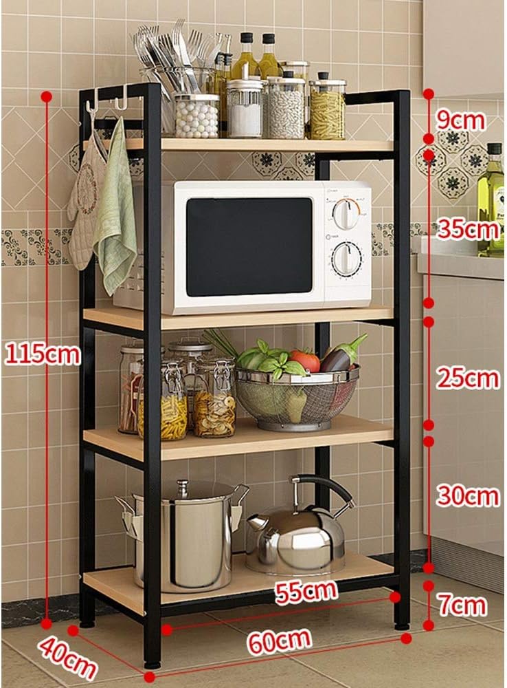 QFFL Kitchen Shelves， Microwave Oven Stand ，Storage Workstation Shelf, 3-Tier Kitchen Baker's Rack Utility,Wood Shelving Unit (color : BLACK, Size : 4-Tier)