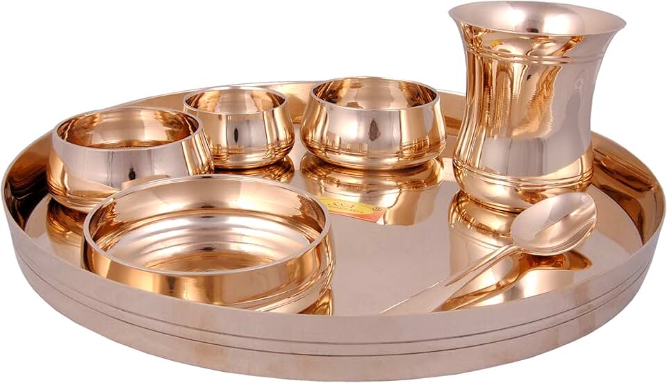Shiv Shakti Arts® Bronze | Kansa Thali Dinner Set - 7 Piece, Gold - (Pure Kansa - Premium Luxury Dinner Set)
