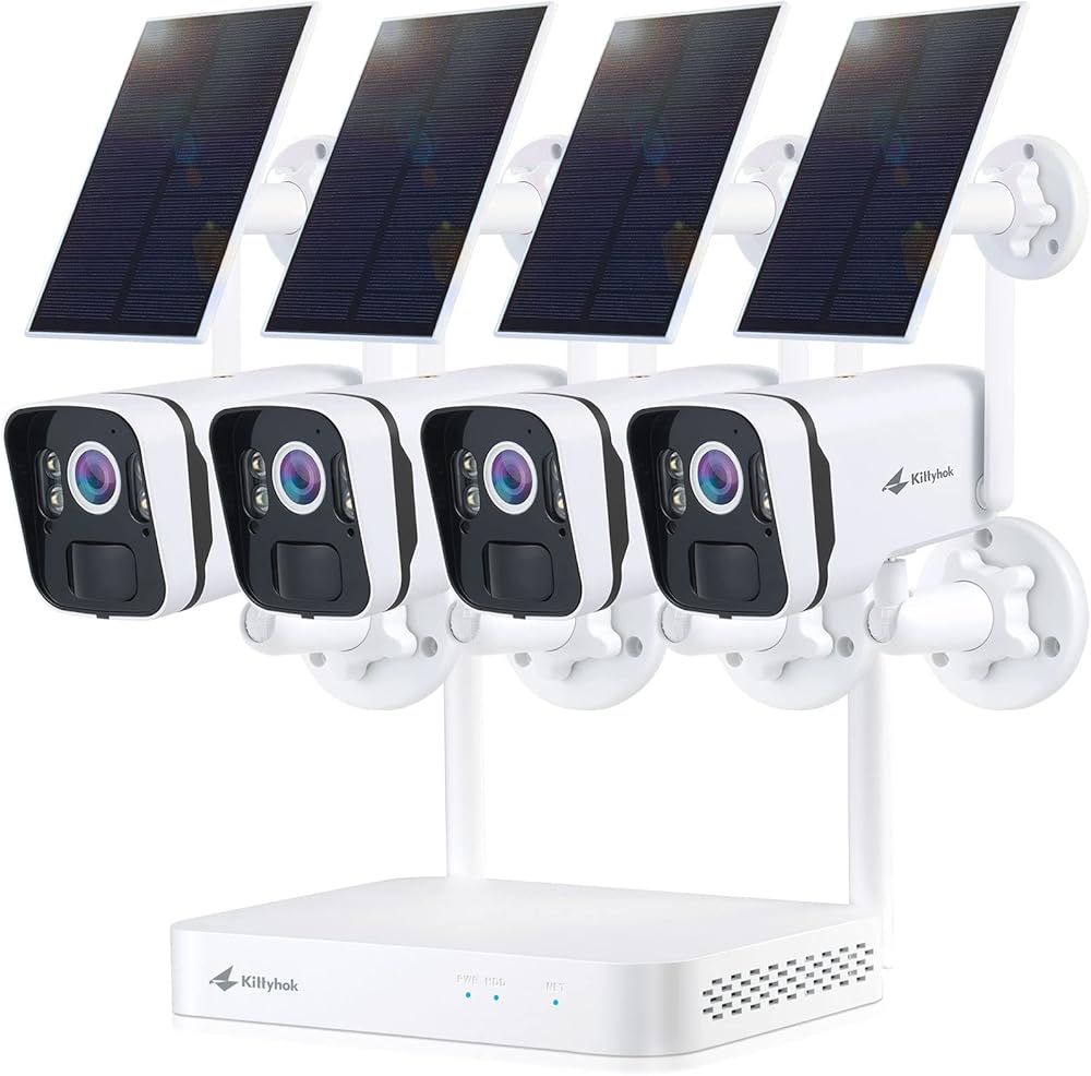 Kittyhok Solar Home Security Camera System, 4pcs 2k Ultra Solar Security Cameras Wireless Outdoor, Smart Human Detection, Spotlight, Forever Power, 10CH NVR, 60 Days Local Storage, 0 Monthly Fee