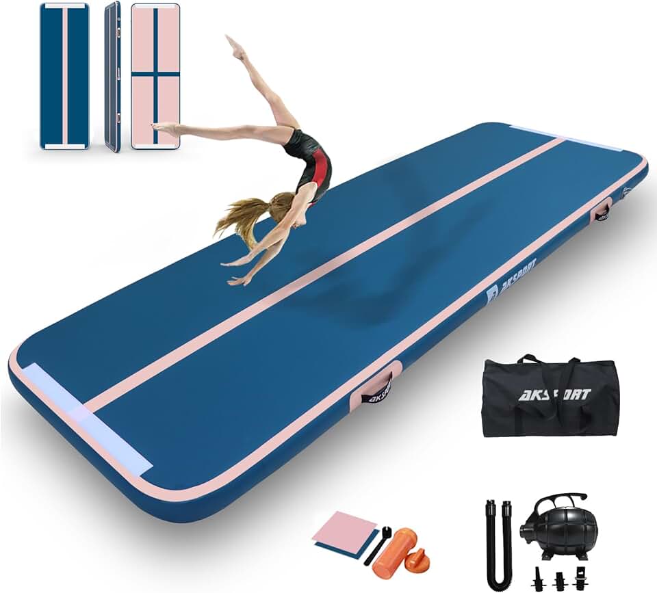 AKSPORT Gymnastics Air Mat Tumble Track Tumbling Mat Inflatable Floor Mats with Air Pump for Home Use/Tumble/Gym/Training/Cheerleading/Parkour/Beach/Park/Water