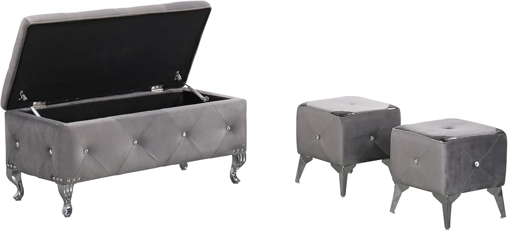 Ottoman with Storage, Storage Bench for Bedroom, Upholstered Bench Bed Bench with Pressure Rod, Bench with Crystal Buttons for Bedroom/Living Room/Entryway-Grey