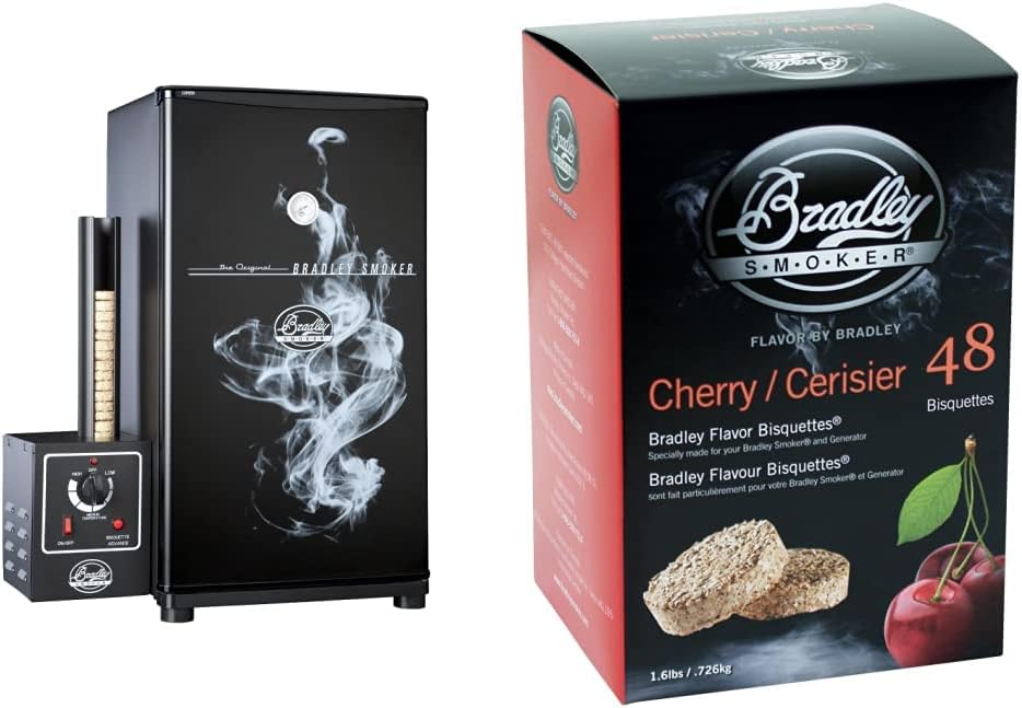 Bradley Smoker BS611 4-Rack Outdoor Electric Smoker, Natural Draft Smoker & Bisquettes for Grilling and BBQ, Cherry Wood Blend, 48 Pack