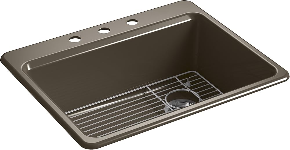 KOHLER K-8668-3A1-20 Riverby Top-Mount Single-Bowl Kitchen Sink with Bottom Basin Rack and 3 Faucet Holes, 27