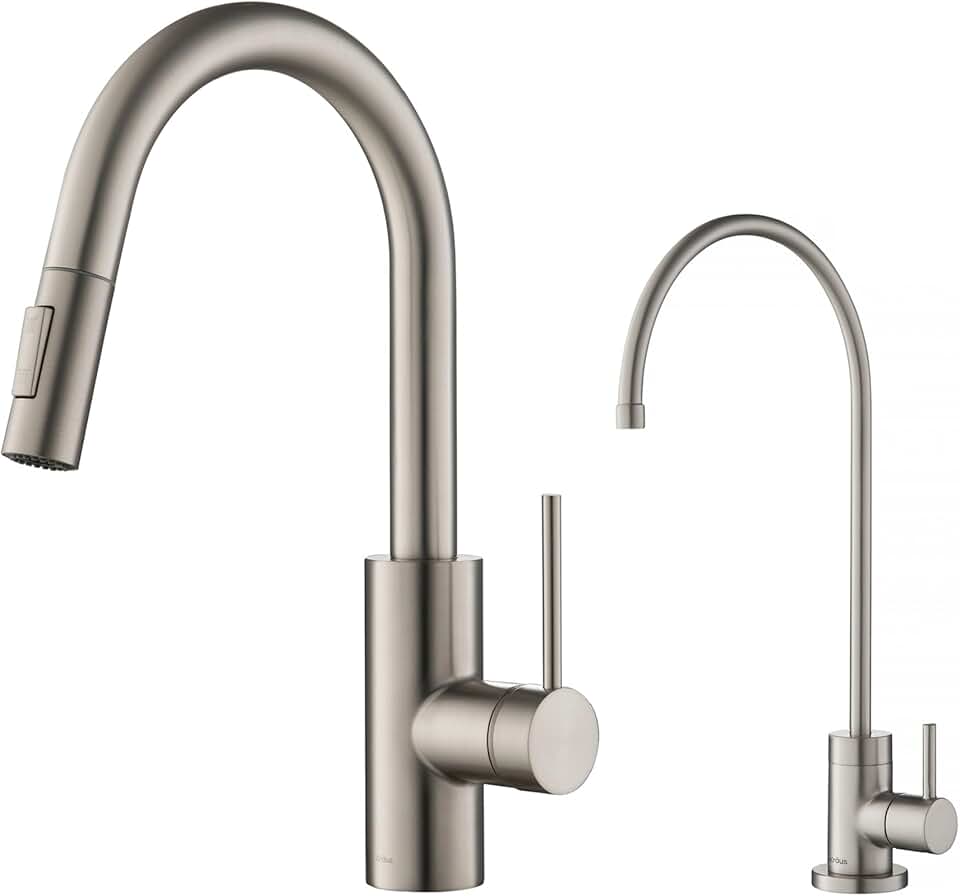 KRAUS Oletto Pull-Down Kitchen Faucet and Purita Water Filter Faucet Combo in Spot Free Stainless Steel, KPF-2620-FF-100SFS