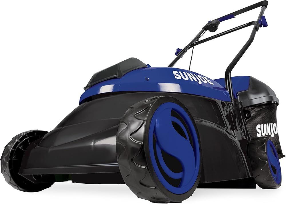 Sun Joe MJ401C-XR-SJB 14-Inch 28-Volt 5-Amp Cordless Lawn Mower w/Brushless Motor, 10.6-Gallon Detachable Collection Bag, Dark Blue