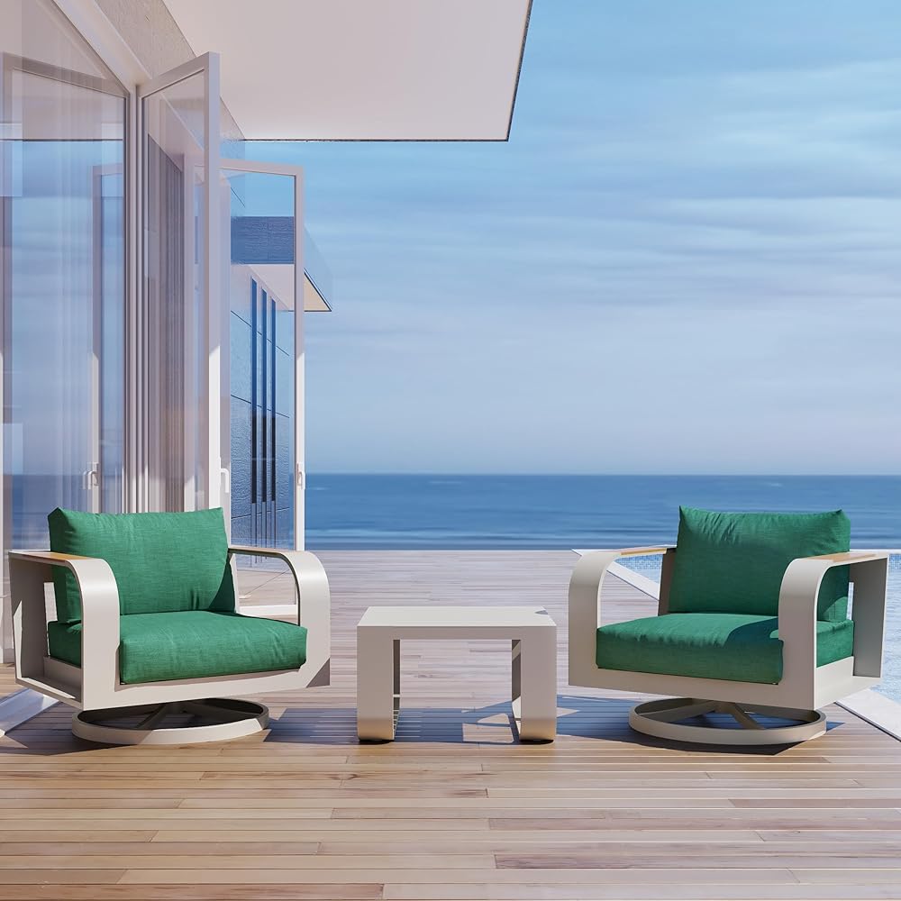 EAST OAK Signature 3 Pieces Patio Furniture Set, Outdoor Furniture with Aluminum Frame and Teak Wood Armrest, Thick Outdoor Sofa and Coffee Table, Modern Patio Conversation Set, Champagne Gold & Green