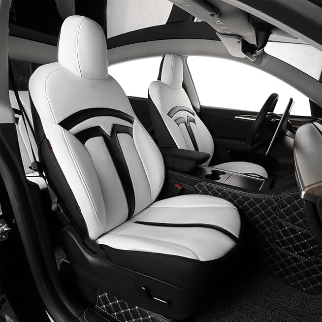 EKR Custom Fit Cybertruck Car Seat Covers for Select Trucks Tesla 2024 Cybertruck - Full Set, Leather(Black/White)
