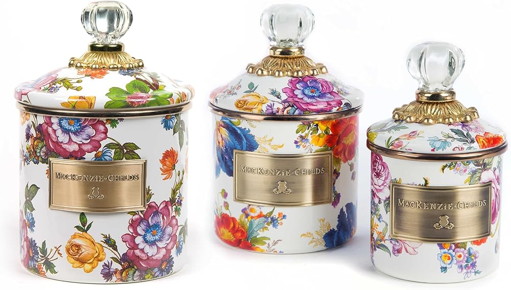 MACKENZIE-CHILDS Enamel Canister Set, Mini (14 oz.), Demi (24 oz.), and Small (38 oz.) Kitchen Containers, White Flower Market