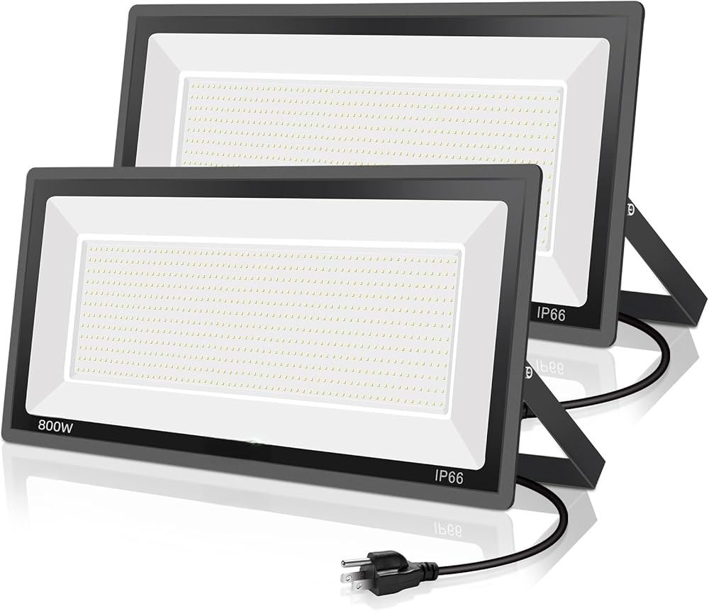2 pack 800W LED Flood Light Outdoor,3750W Equivalent Super Bright FloodLight with Plug,88500LM 5000K Daylight White IP66 Waterproof Commercial Lighting for Sports Fields,Counts,Arena,Stadium