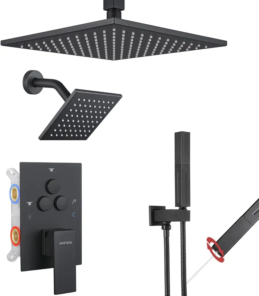 VANFOXLE Shower Faucet Set Matte Black Shower System,Push Button Diverter Shower Faucet with 2 in 1 Handheld,Ceiling Mount 10 Inch Shower Head with 6 Inch Wall Mount Shower Head