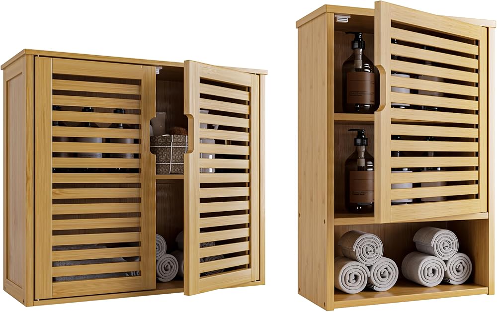 Wall Mounted Bathroom Cabinet, Over The Toilet Medicine Cabinet, Bamboo Hanging Cupboard with Door and Adjustable Shelf, Natural