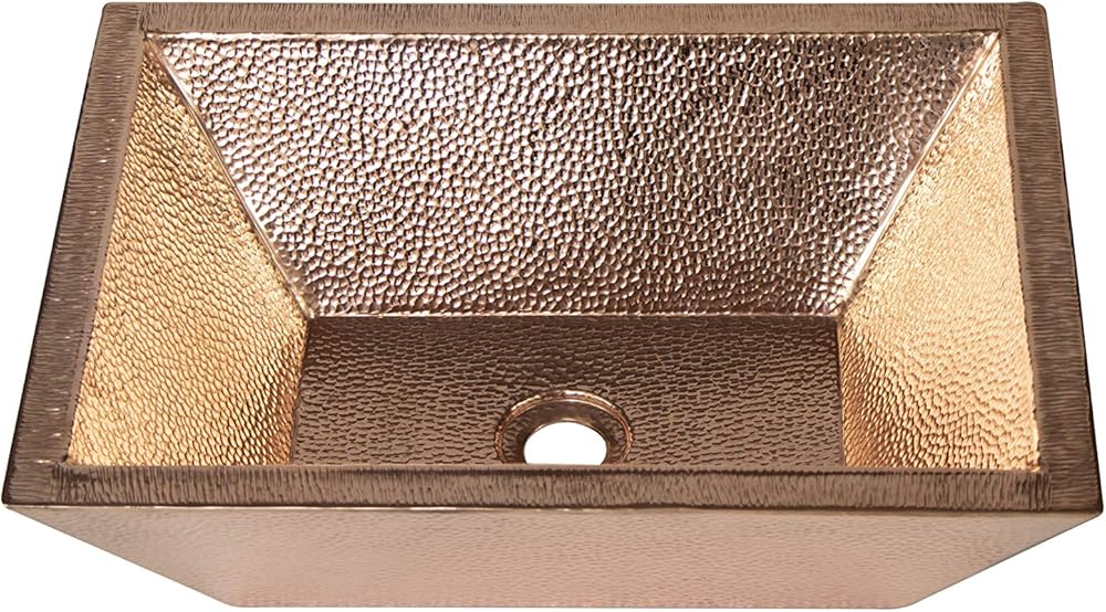 Copper Bathroom Sink, Rectangular Double Wall Hammered Copper, Shiny Finish and Special Hammering on Lip, 18