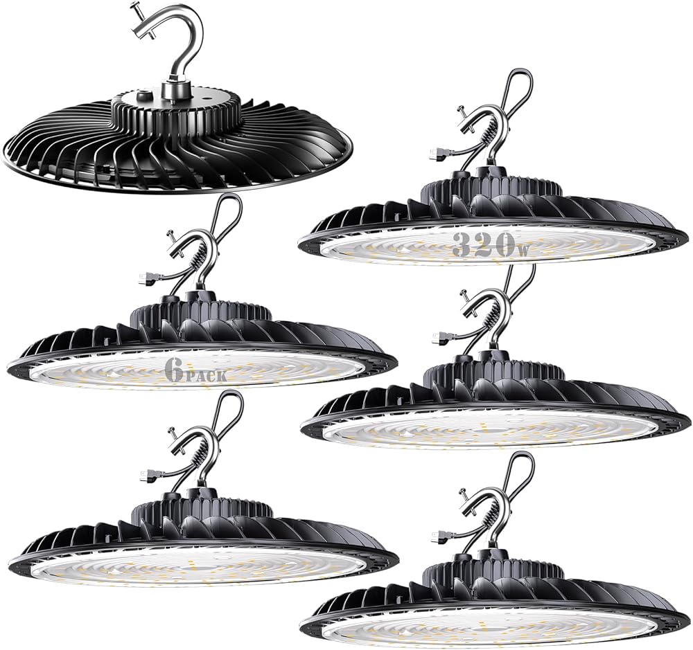 6Pack 320W UFO LED High Bay Light, 48000lm (Eqv.1200W MH/HPS) high Bay LED Lights, 5000K US plug Commercial Warehouse/Workshop/Wet Location Area Light -5 Years Warranty