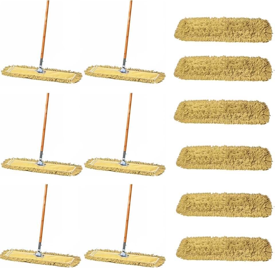 24 Inch Yellow Dust Mop with Wood Handle and 24 Inch Dust Mop Refill Bundle - 6 Mop Sets and 6 Refills