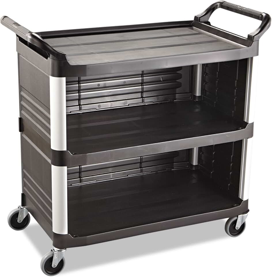 Rubbermaid Commercial Products Xtra Utility Cart with Wheels, 300-Pound Capacity, 20w x 40-5/8d x 37-4/5h, Black, Three Shelf Cart for Kitchen/Restaurant/Cafeteria/School/Storage