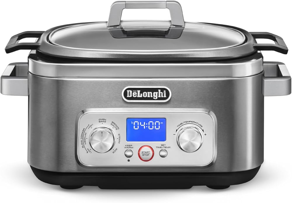 DeLonghi Livenza Multi-Cooker, Stainless Steel - 6 qt - Crock Pot Slow Cooker - 24-Hour Programmability & Seven Modes - Includes Non-Stick Dishwasher-Safe Pot, Steam Rack & Glass Lid