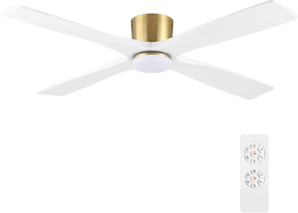 WINGBO 60 Inch Flush Mount DC Ceiling Fan with Lights and Remote, 4 Reversible Carved Wood Blades, 6-Speed Noiseless DC Motor, Hugger Ceiling Fan in Brass Finish with White Blades, ETL Listed