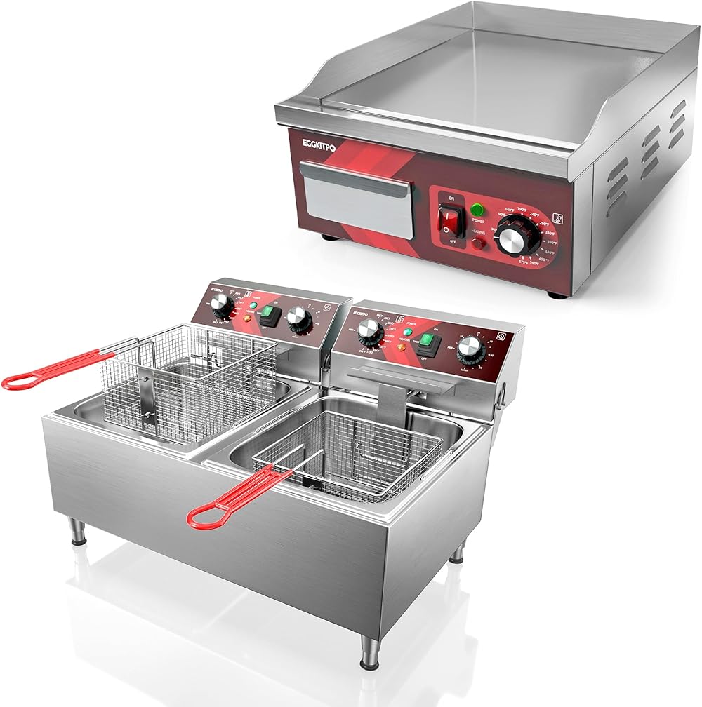 10L×2 Commercial Deep fryer with Timer and 2 Baskets Dual Tank Fryer(120v 3600w) and 14 Inch Large Commercial Electric Griddle(120v 1800w)