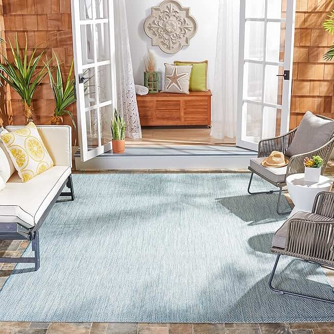 SAFAVIEH Courtyard Collection 9' Square Aqua/Grey CY8022 Indoor/ Outdoor Waterproof Easy Cleaning Patio Backyard Mudroom Area Rug