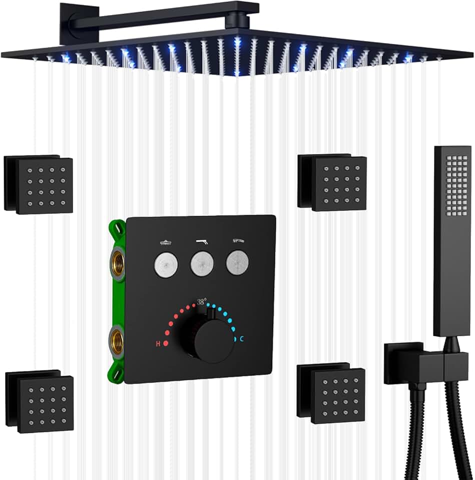 AYIVG Black Shower System Body Jet Sprays Shower Faucet Sets 12 Inch LED Rain Shower Head With 4 PCS Body Sprays Handheld shower Mixer Set