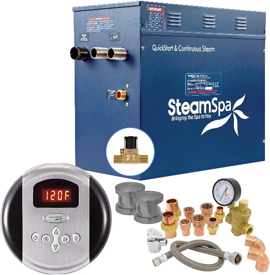 SteamSpa 12kW Steam Sauna Generator Premium Bundle 240V Steam Generator with Analog Pad Control, Steamheads, Pressure Relief Valve, Built-in Auto Drain and Plumber Quick Install Kit PRR1200BN-A