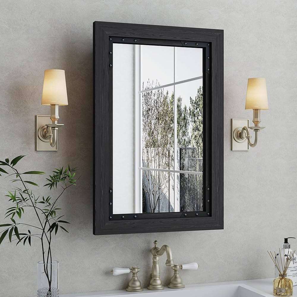 Medicine Cabinet Mirror 20 x 26 Inch Farmhouse Bathroom Mirror Door Paulownia Wood Storage Cabinet with Adjustable Shelves, Wall Mounted for Bathroom Living Room, Black