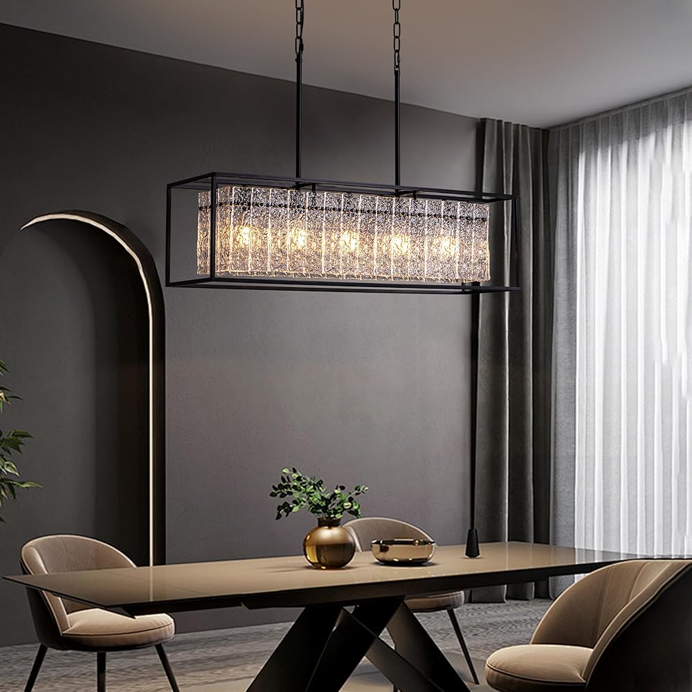 Rectangular Crystal Chandeliers for Dining Room, Rectangle Modern Water Ripple Glass Black Light Fixture, Luxury Farmhouse Chandelier for Kitchen Island, Bar L35.4 x W10 x H10 (5-Lights)