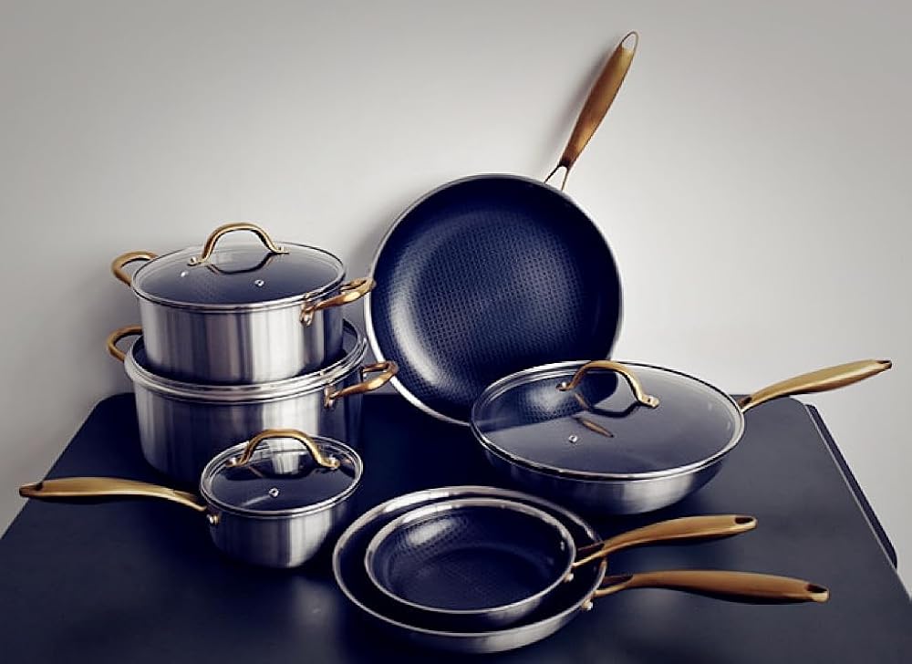 CAROTE Ceramic Tri-Ply Stainless Steel Cookware Set, 10Pcs Stainless Steel Pots and Pans with Tempered Glass Lids, Stay-Cool Handles, Dishwasher and Oven Safe up to 500°F