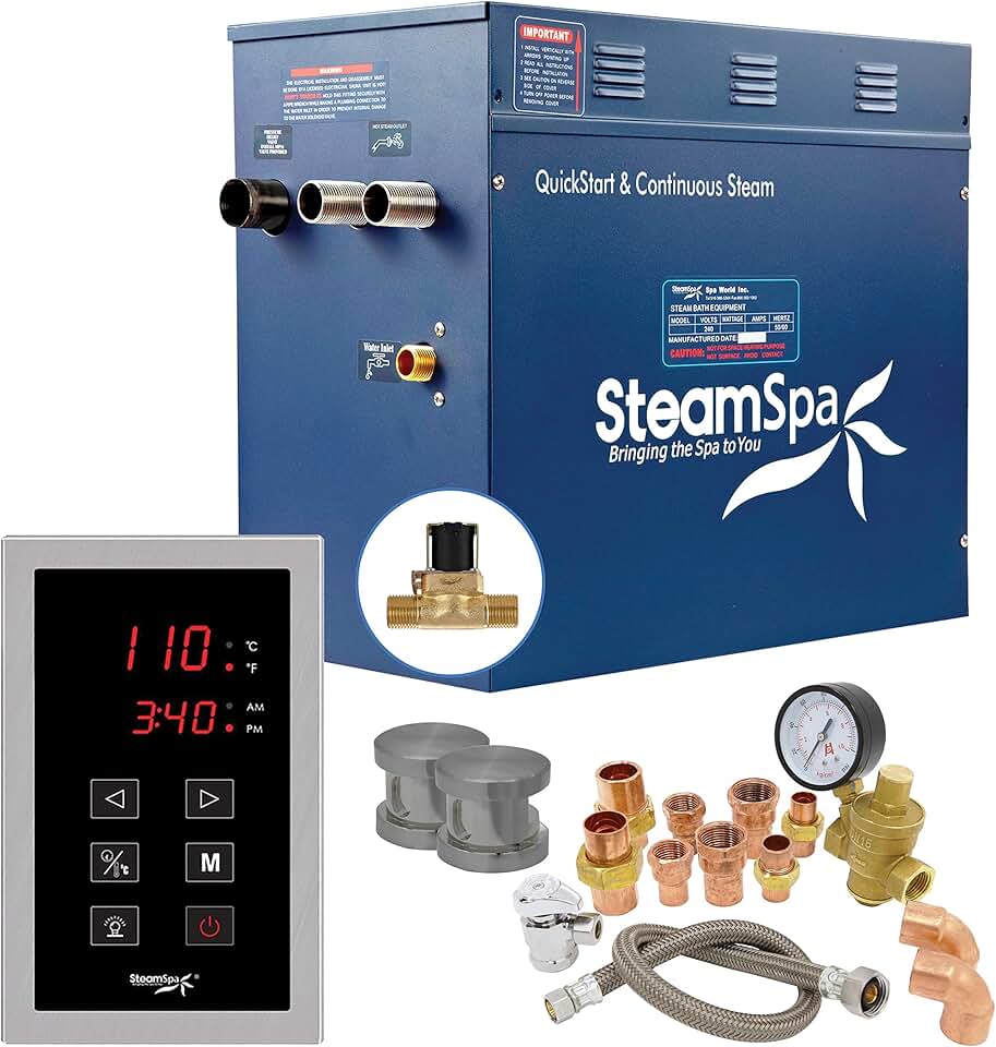 SteamSpa 12kW Steam Sauna Generator Premium Bundle 240V Steam Generator with Touch Pad Control, Steamheads, Pressure Relief Valve, Built-in Auto Drain and Plumber Quick Install Kit PRT1200BN-A