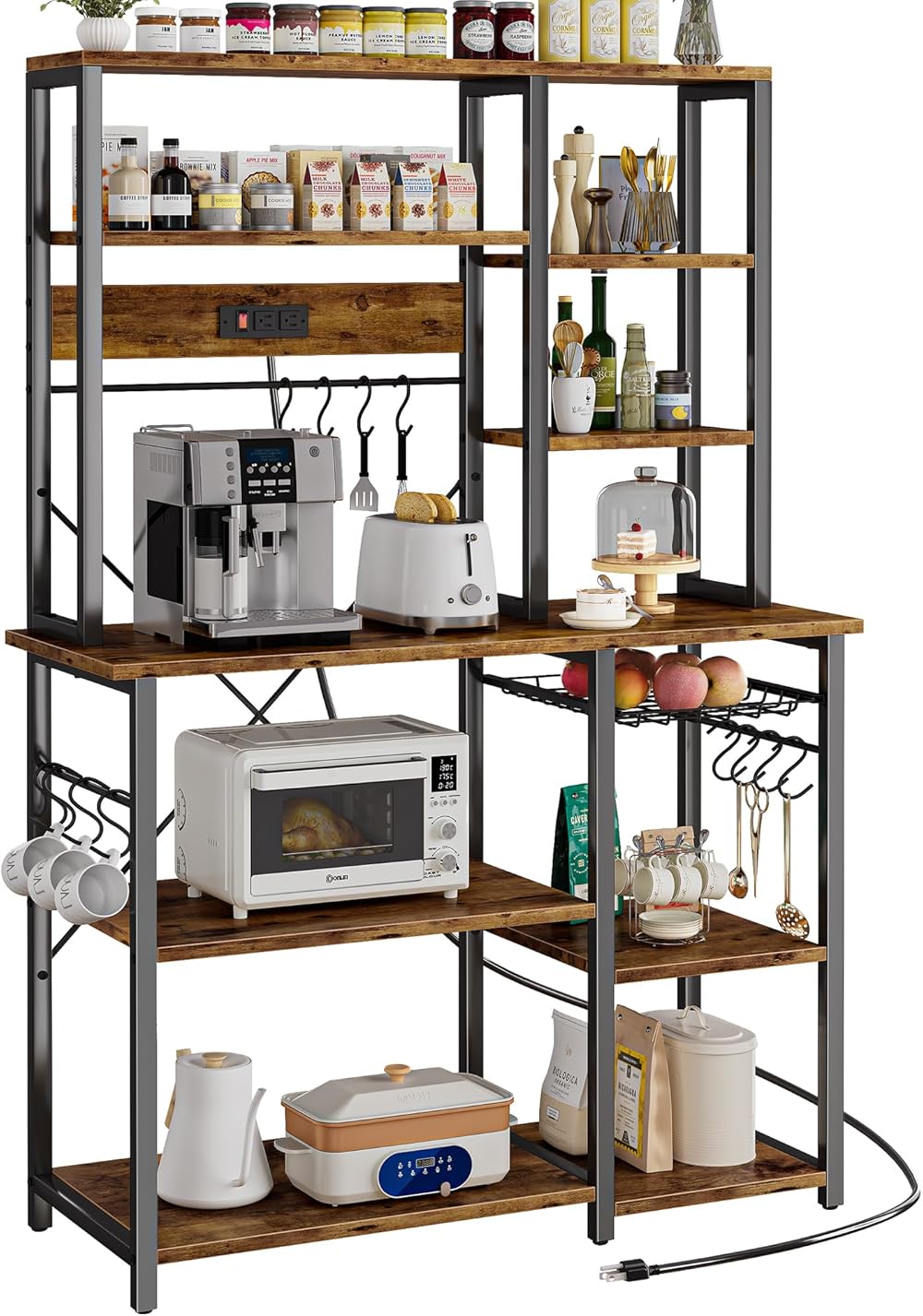 Large Bakers Rack with Power Outlets, 6-Tier Microwave Stand, Coffee Bar with 12 S-Shaped Hooks, Kitchen Shelf with Wire Basket, 39.3 x 15.5 x 66.9 Inches, Rustic Brown