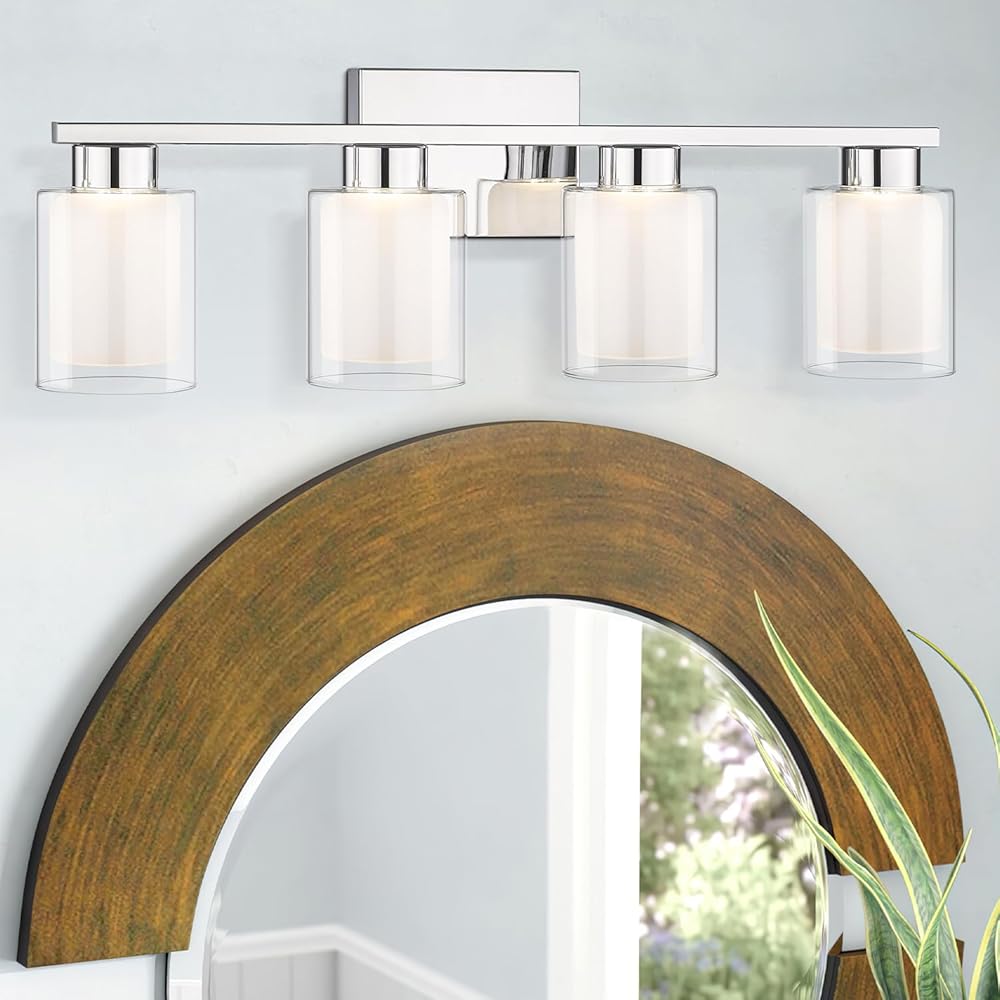 kudos Chrome Vanity Light, 4-Light Bathroom Light Fixtures, Modern LED Vanity Lights for Bathroom with Clear Glass and Frosted Glass, 3000K/4000K/5000K Adjustable, KDVL04-CH-4