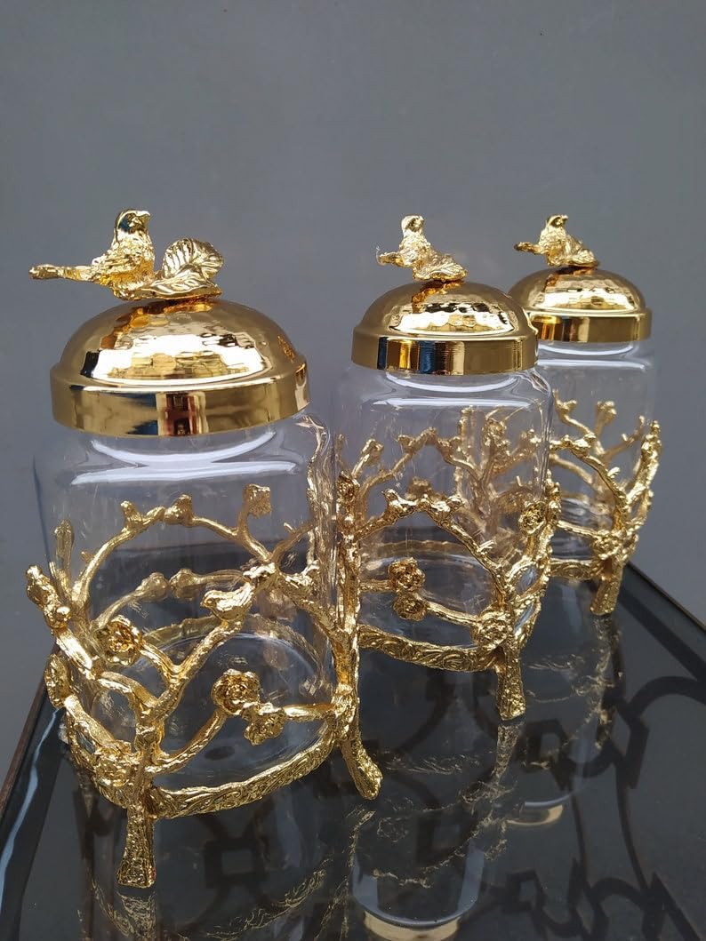 600 Ml Jar Set, Kitchen Jars,Gold Jars, Gold Canister, Spice Set,3 PCS Jar Set