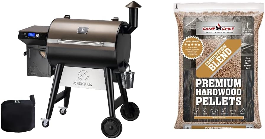 Z GRILLS Wood Pellet Grill Smoker with PID Controller, 700 Cooking Area, Meat Probes, Rain Cover for Outdoor BBQ, 7002C & Camp Chef Competition Blend BBQ Pellets, Hardwood Pellets, 20 lb. Bag
