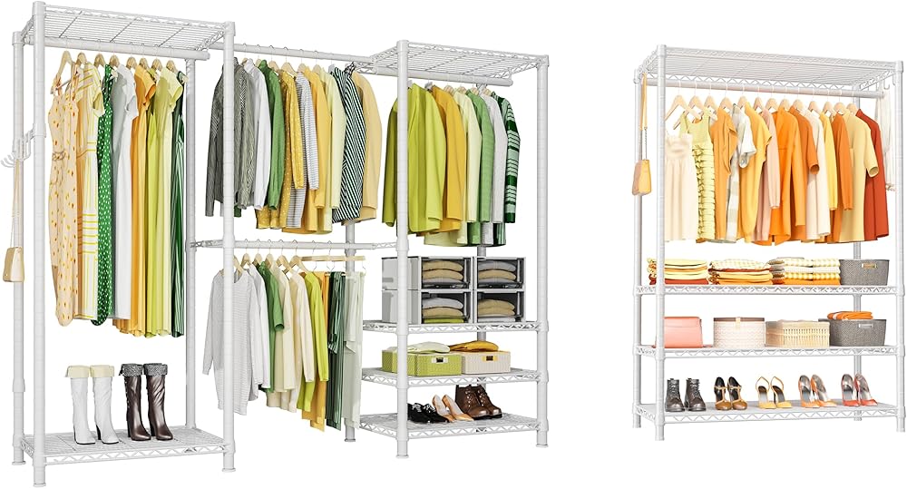 Ulif E1 and H4 Plus White Garment Rack Bundle, Metal Clothes Rack and Closet Storage System with Shelves and Expandable Hanger Rods, Closet System Wardrobe for Hanging Clothing