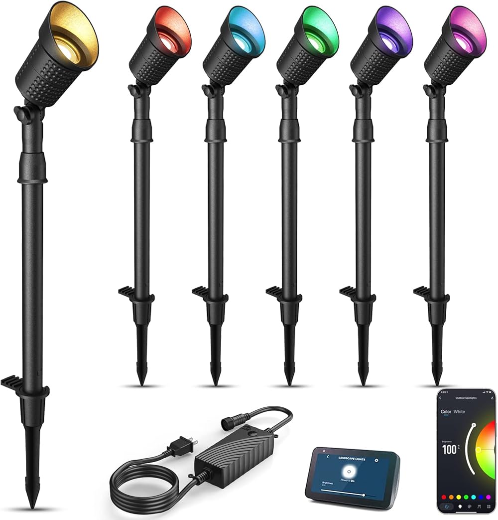 XMCOSY+ Low Voltage Landscape Lights, 300LM Outdoor Landscape Lighting with APP Control, Dimmable Warm White &RGB, Work with Alexa, 12V 6W Aluminum LED Pathway Lights Spotlights for Garden Yard(6Pack)