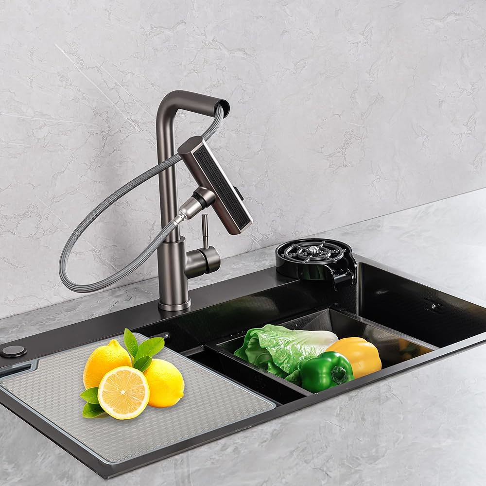 32 Inch Black Drop In Kitchen Sink Workstation, SUPERKE 304 Stainless Steel Kitchen Sinks 16 Guage Multifunction Single Bowl Kitchen Sink with Faucet and Cup Washer (32.28x18.11 Inch)