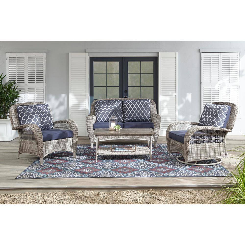 Hampton Bay Beacon Park Gray Wicker Outdoor Patio Loveseat with Standard Midnight Trellis Navy Blue Cushions