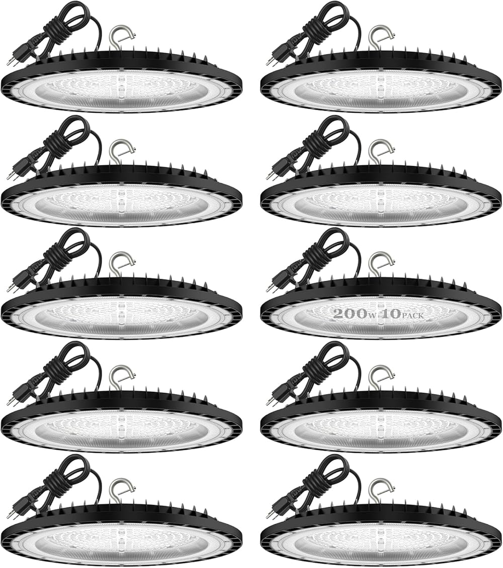 200W 10PACK UFO LED High Bay Light, High Bay LED Lights 30,000LM(800W MH/HPS Eqv.)110V~277V UL certified plug with safety and high brightness, suitable for commercial