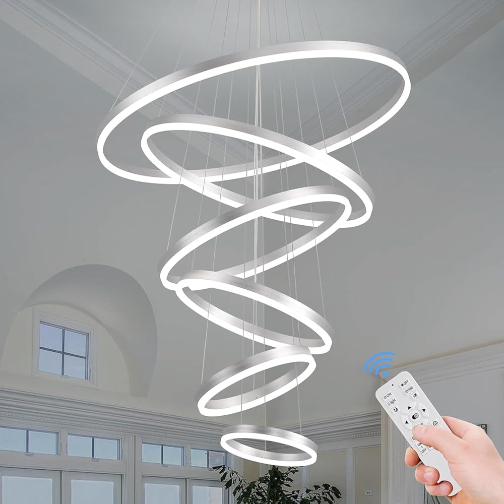 Dimmable chandelier 6 Rings High Ceiling Chandelier with Remote, LED Pendant Light for Living Room Luxury Big Contemporary Staircase Foyer Entryway Chandeliers D31.5 Inch Silver