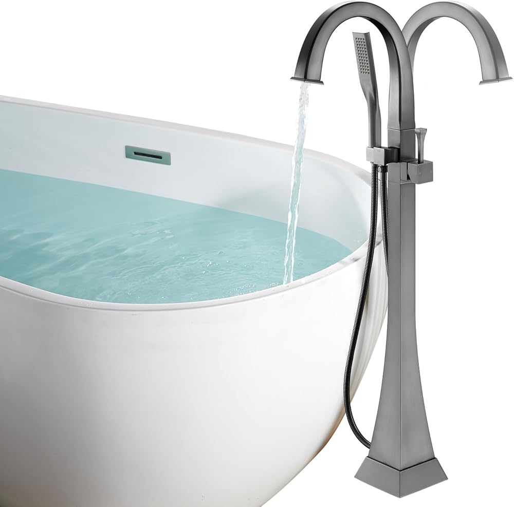 Freestanding Bathtub Faucet Gray Free Standing Tub Filler with 360° Swivel Spout and Handheld shower, Single Handle Brass Bathtub Faucet with Mixer Taps Floor Mount Bathroom Faucet