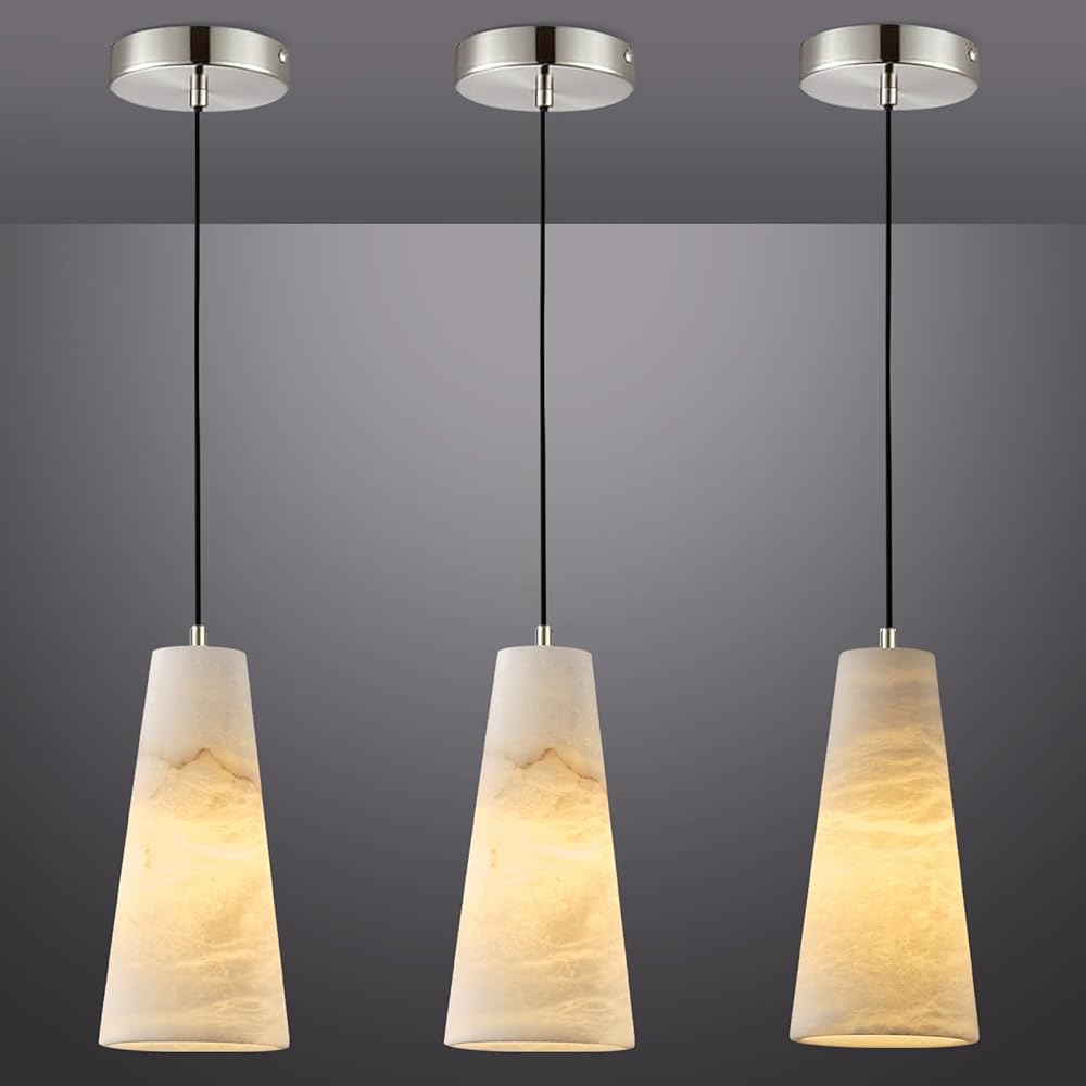 3Pack Alabaster Pendant Lights Kitchen Island, H-10in Conical Shade Nickel Canopy, Adjustable Height Island Lights for Kitchen Dining Room Bedroom Bathroom (Dimmable Bulbs Included)