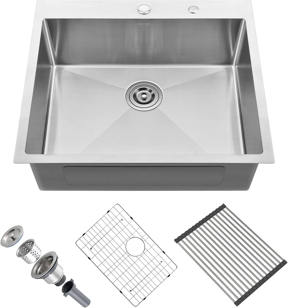 25 Inch Drop In Kitchen Sink, 25x22x10 Inch Top Mount Kitchen Sink 16 Gauge Stainless Steel Sink 10'' Deep Single Bowl Kitchen Sink with Accessories