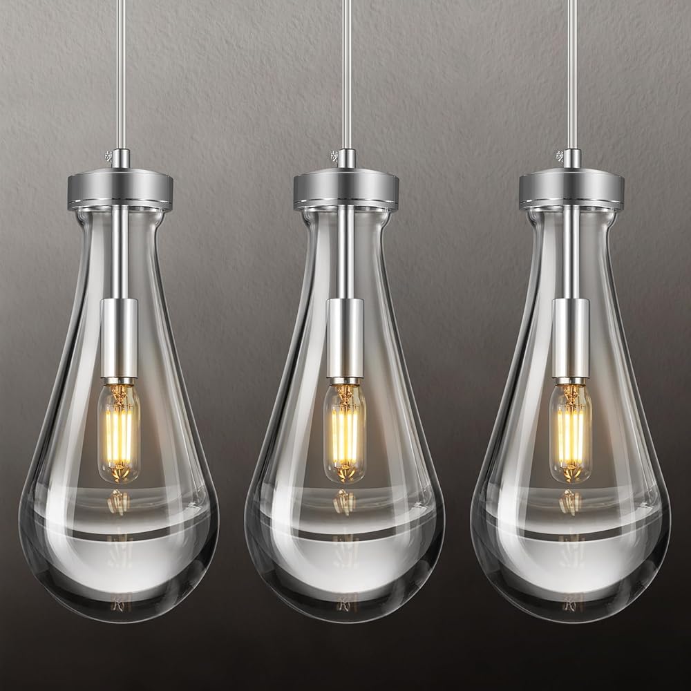 Raindrop Pendant Lights Kitchen Island Set of 3 Teardrop Chrome Hanging Light Fixtures Clear Solid Glass Pendant light Modern Chandeliers for Dining Room Porch Corridor Living Room