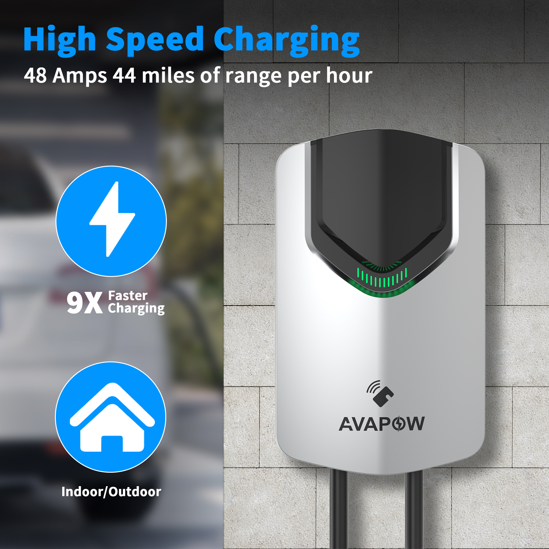 AVAPOW EV Charger, Universal Electric Vehicle Charging Station up to 48 A, Level 2 EVSE 240V with NEMA 14-50 Plug, UL Listed, Sliver